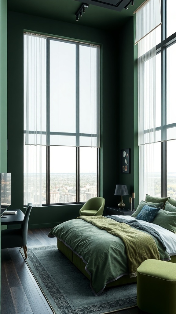 Modernes Schlafzimmer mit dunkelgrünen Wänden, großen Fenstern und stilvollen Möbeln