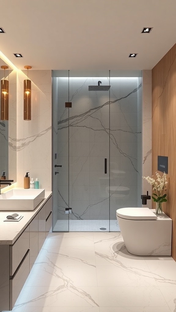 Luxuriöses Badezimmer mit großen Fenstern und freistehender Badewanne