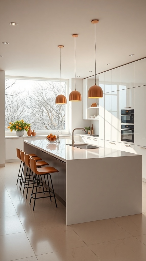 Moderne, minimalistische Küche mit großen Fenstern, eleganten Pendelleuchten und einem hellen Küchenblock.
