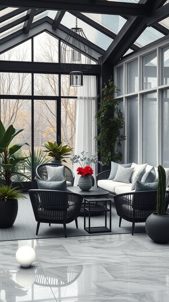 Moderner Wintergarten mit Pflanzen und gemütlicher Einrichtung