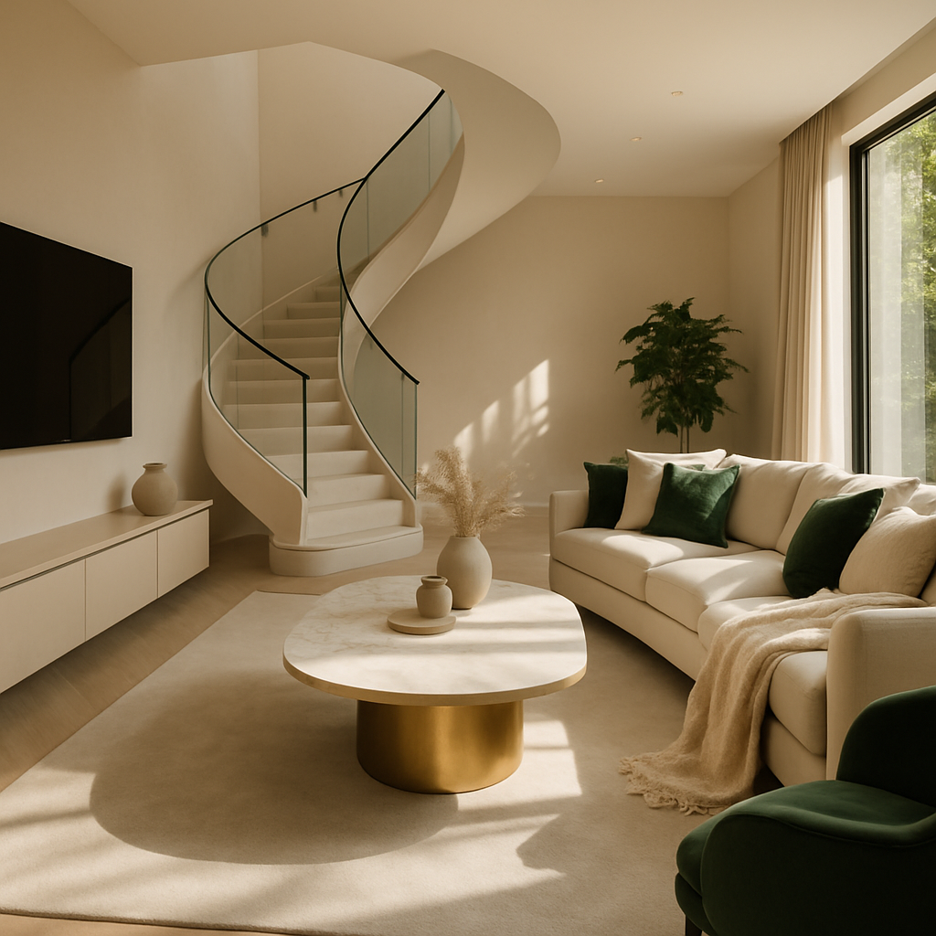Modernes Wohnzimmer mit geschwungener Treppe, großen Fenstern und stilvollen Möbeln