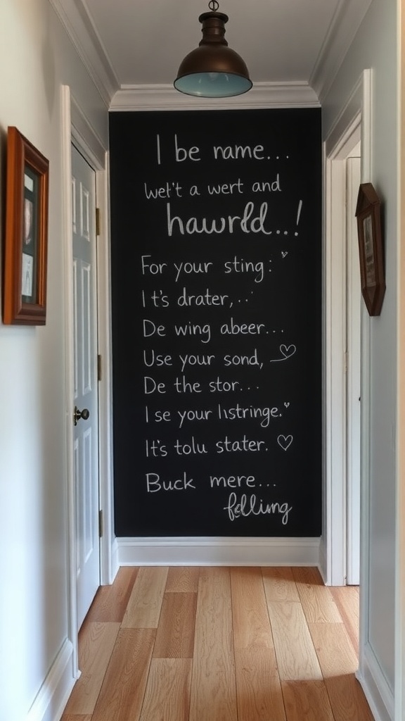 A hallway with a chalkboard wall filled with playful writing and drawings.