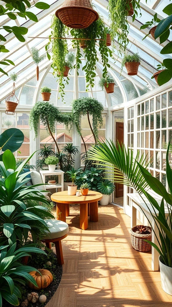 A bright conservatory filled with various plants, featuring a round wooden table and hanging greenery.