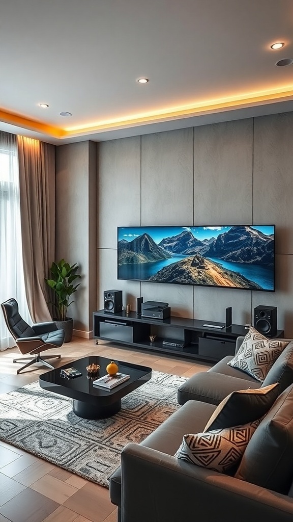 Luxurious modern living room with integrated TV wall and designer furniture