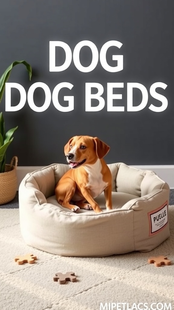 A happy dog sitting in a cozy interactive puzzle bed with puzzle pieces around it.