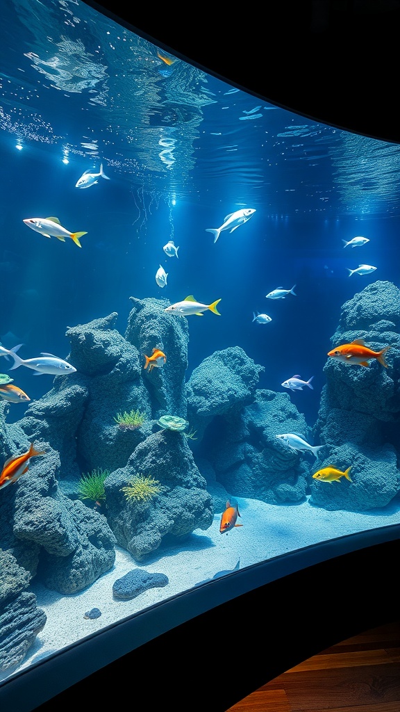 An interactive touchscreen aquarium filled with colorful fish and rocky formations.