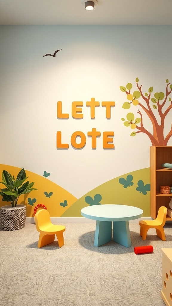 Colorful interactive wall art in a children's playroom with letters, a tree, and butterflies.