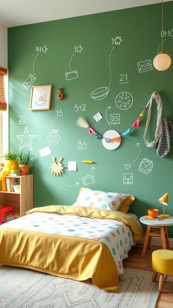 A kids' bedroom with a green wall featuring the words 'Kids and the Wonds' in white, surrounded by playful doodles. There are wooden tables, chairs, and scattered toys on the floor.