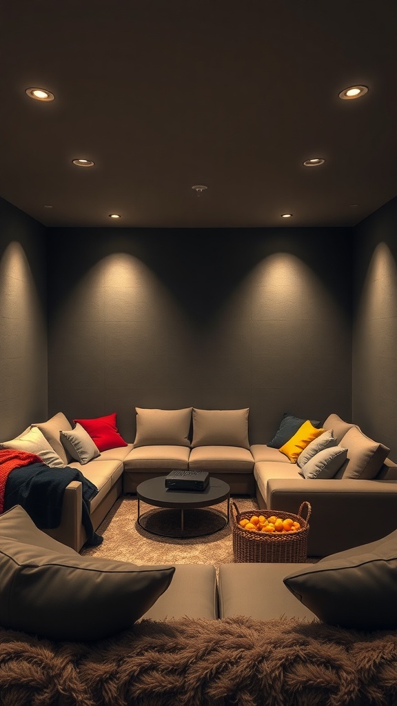 Cozy sunken couch space with soft lighting, colorful pillows, and a basket of oranges, perfect for a movie night.