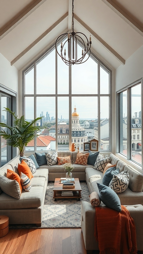 Gemütliche Leseecke mit großem Sofa, bunten Kissen und Blick auf die Stadt