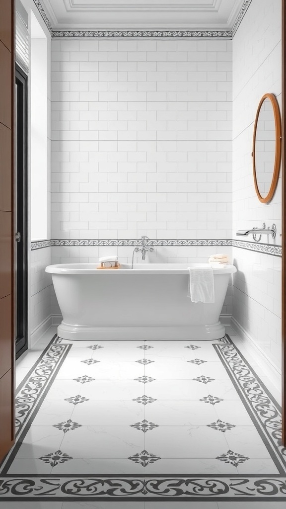 A modern bathroom featuring intricate border tiles around the floor and wall.