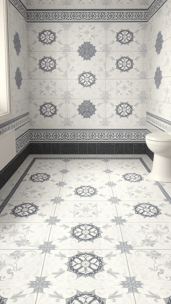 A bathroom with intricate border tiles featuring detailed patterns in a mix of colors.