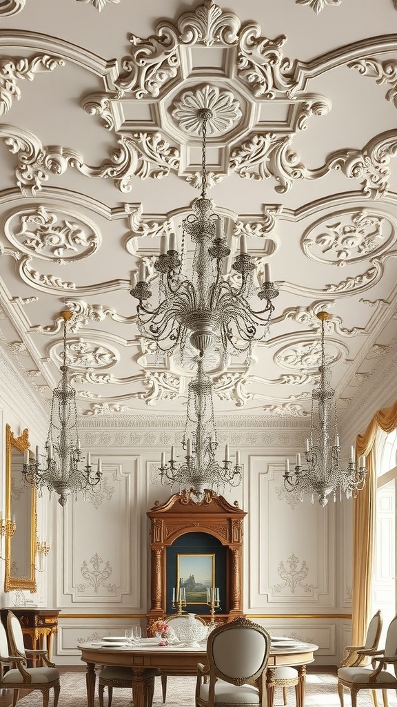 A beautifully designed Rococo ceiling with intricate moldings and elegant chandeliers.