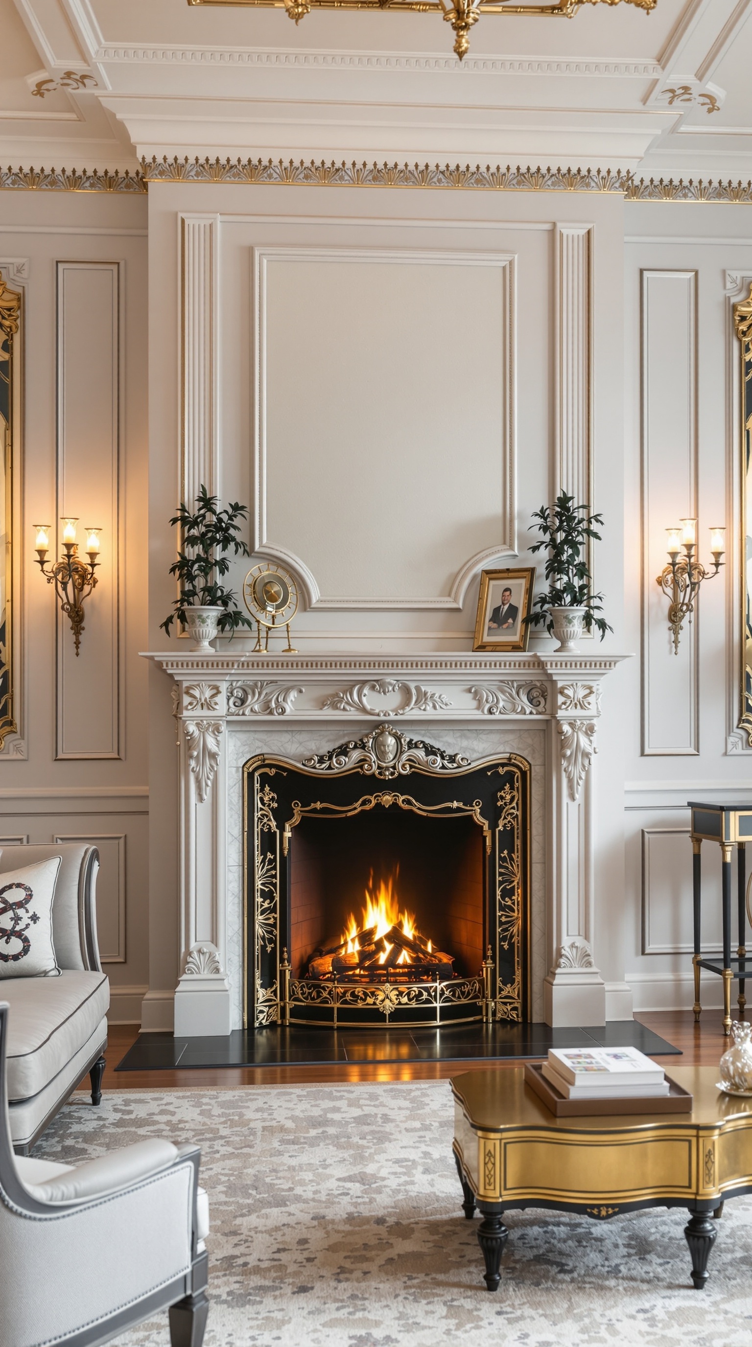 Luxuriöses Wohnzimmer mit kunstvollem Kamin, eleganten Möbeln und stilvollen Details