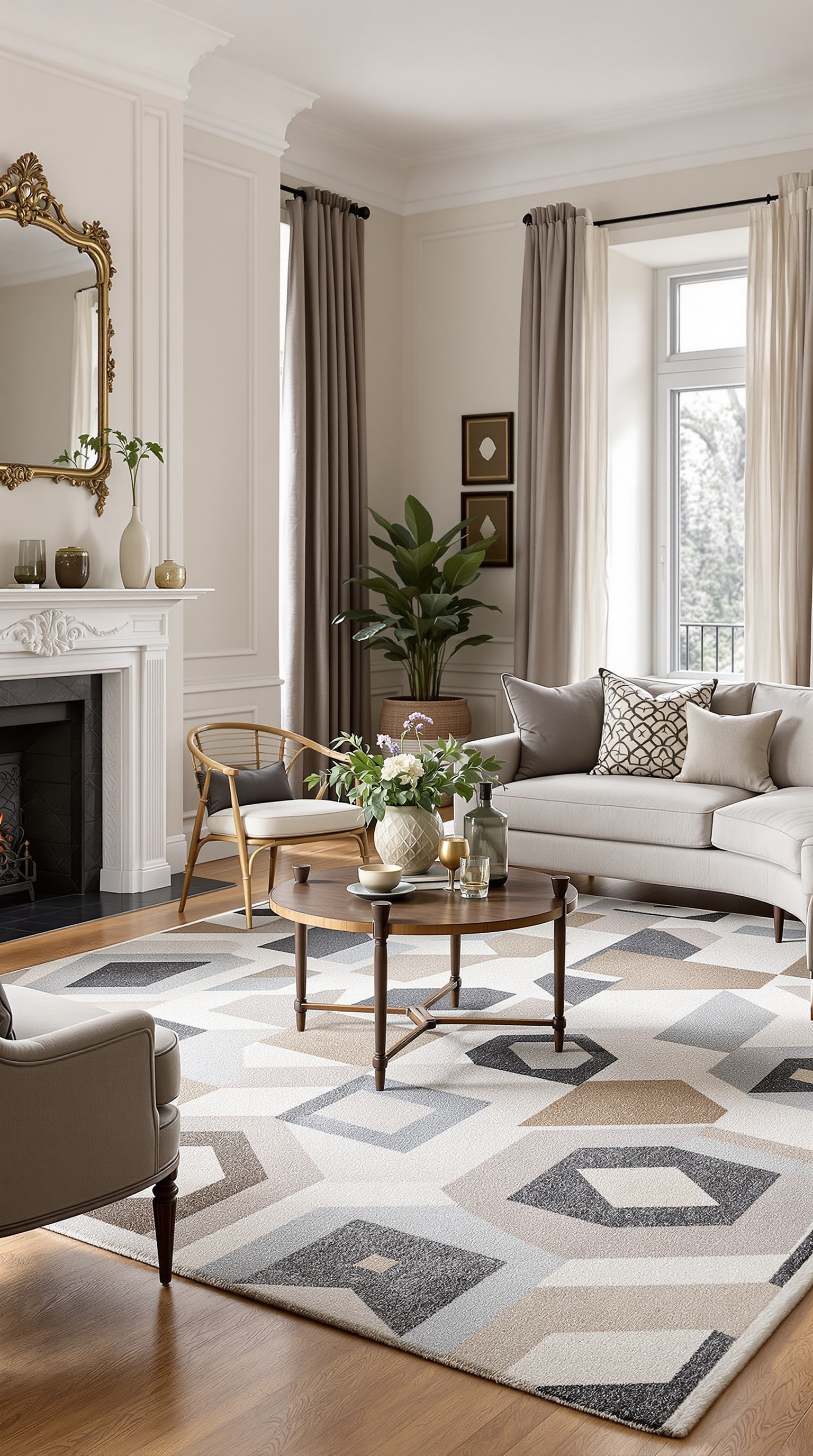 A stylish living room featuring a vibrant red geometric rug, elegant furniture, and large windows with a city view.