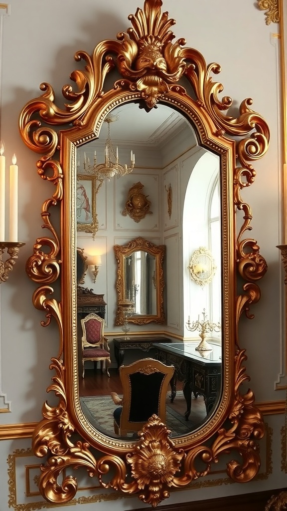 An ornate gilded mirror with intricate designs, reflecting a beautifully decorated interior.