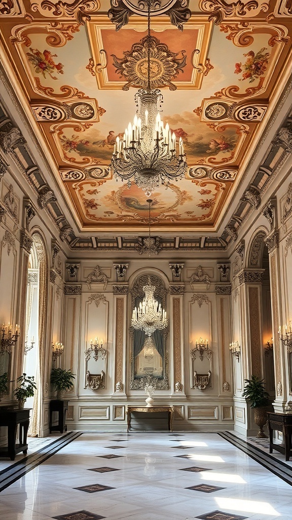 A beautifully designed Rococo ceiling with ornate details and a chandelier.
