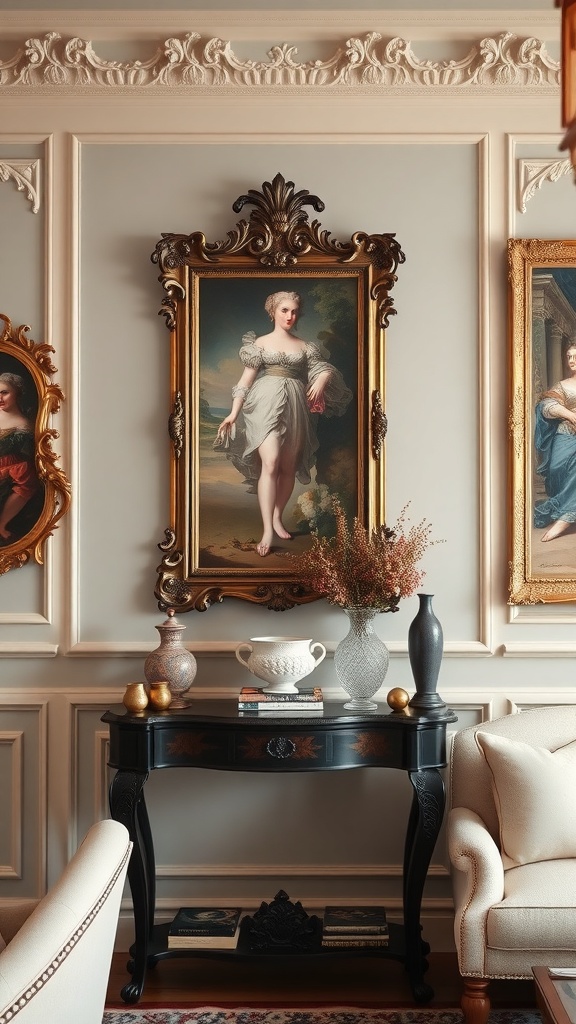 A beautifully decorated wall featuring Rococo-style portraits in ornate frames, with a stylish console table below adorned with decorative items and flowers.