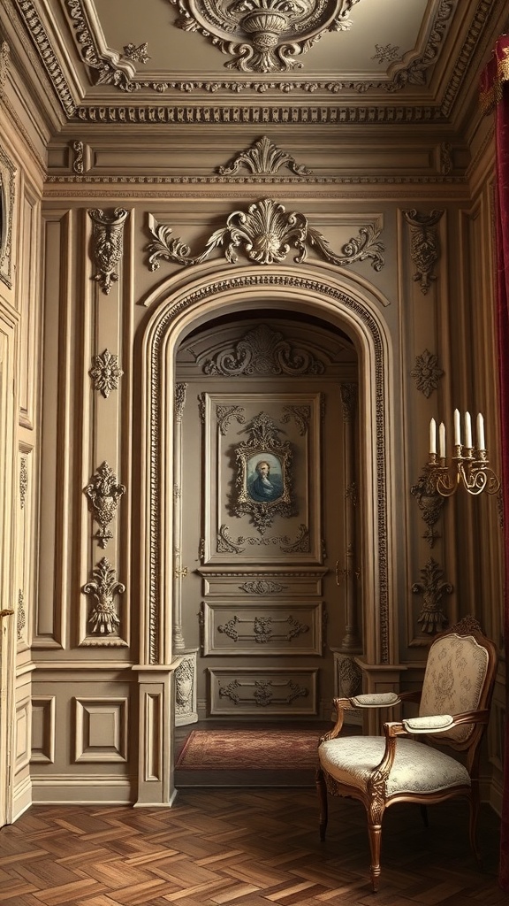 A beautifully decorated room featuring intricate Rococo woodwork, with ornate carvings on the walls and a classic chair.