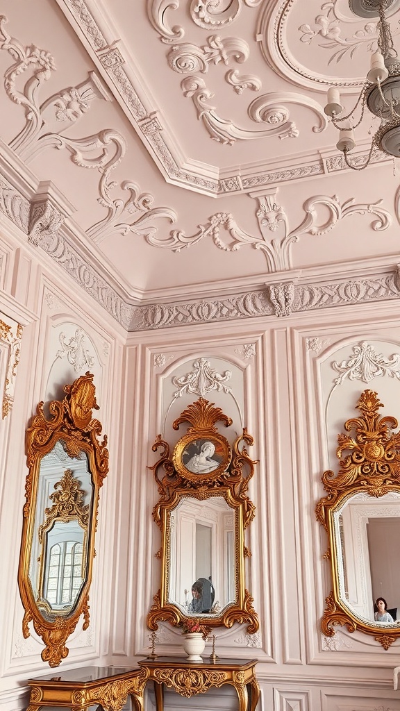 Elegant Rococo style room with intricate wall moldings and ornate mirrors.