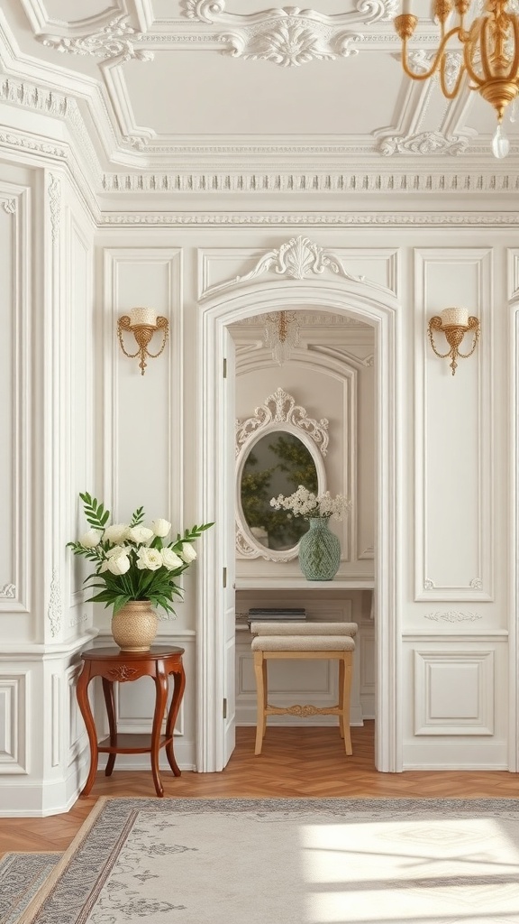 Elegant interior featuring intricate wall moldings and trim, with a vase of white roses and wooden furniture.