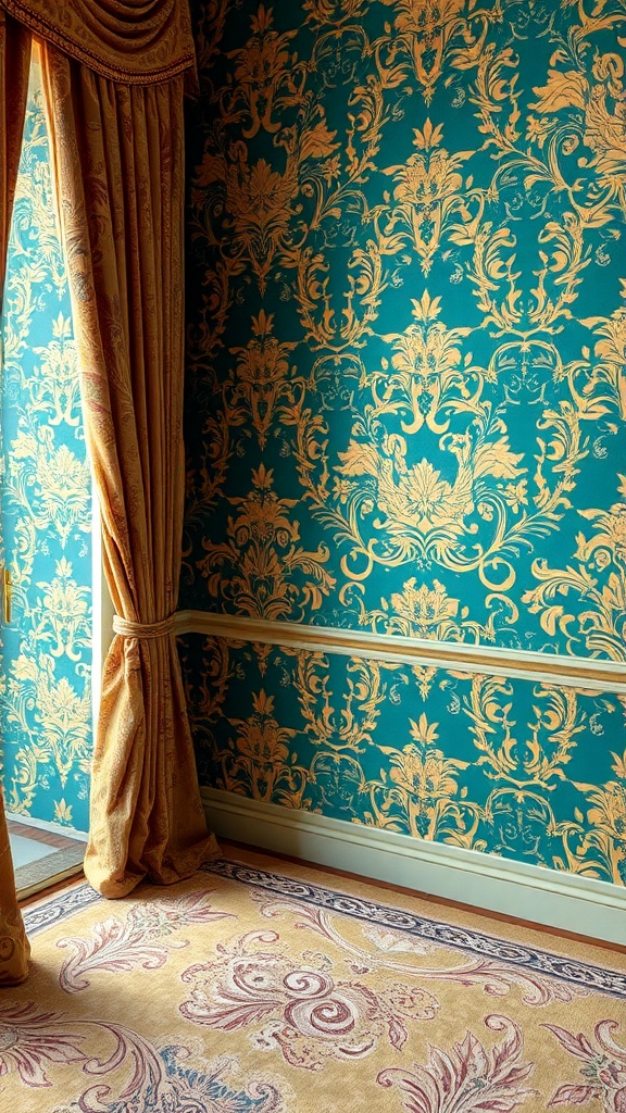 Vintage interior with ornate wallpaper and curtains.