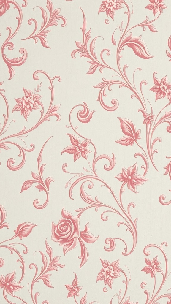 Intricate floral wallpaper pattern in soft pink and cream.