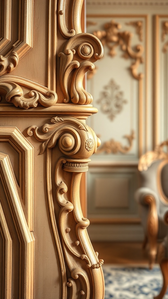 Close-up of ornate woodwork in a Rococo style interior, showcasing intricate carvings and warm tones.