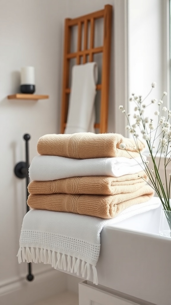 A stack of neatly folded towels in neutral colors on a bathroom counter, with a wooden towel rack and a small vase of flowers in the background.