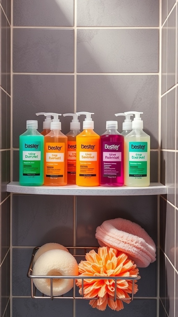 Colorful array of shower gels on a shelf in a shower, with loofahs and sponges.