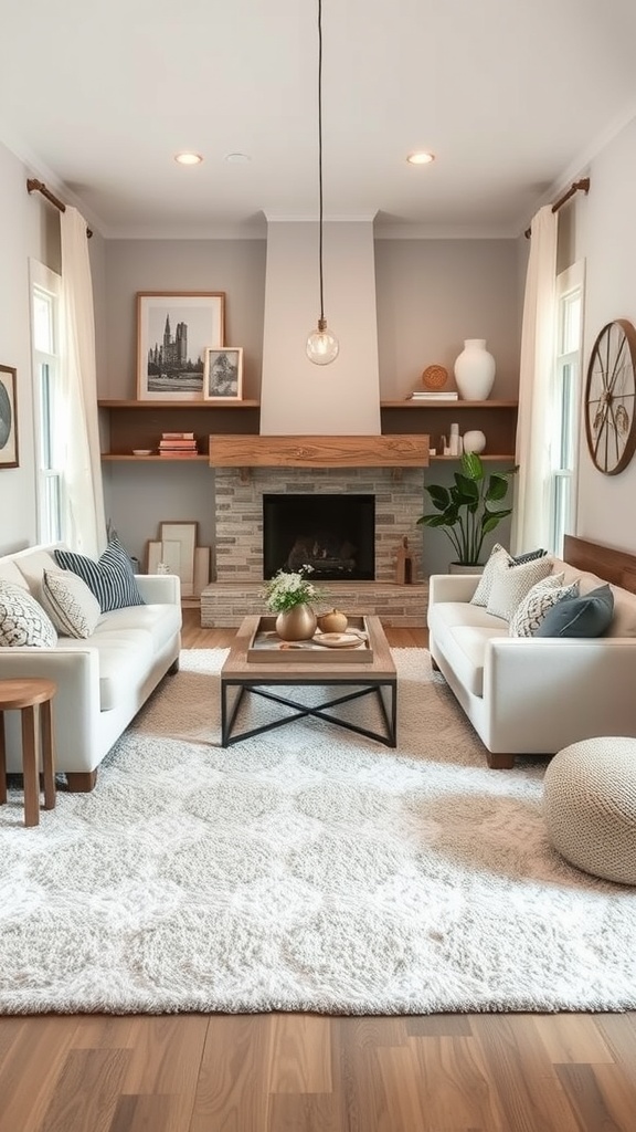 Cozy living room with a soft area rug, white sofas, and a fireplace.