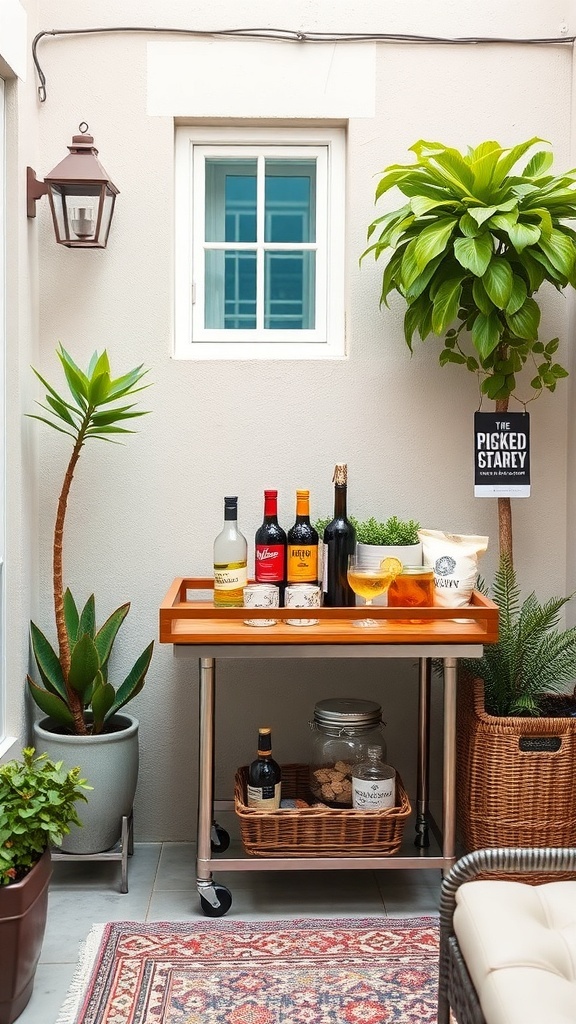 A stylish bar cart with drinks and snacks in a cozy outdoor setting