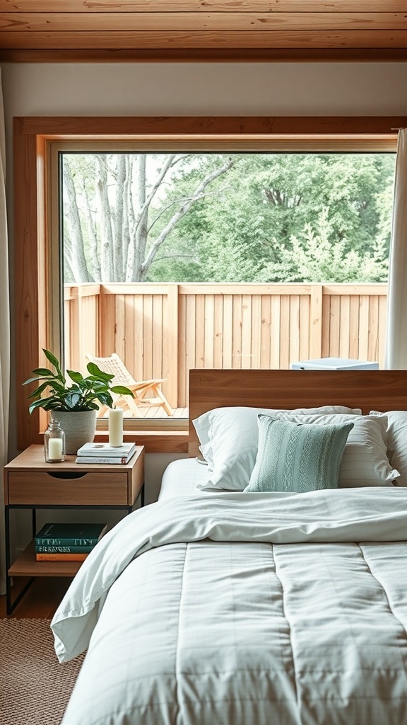 A cozy farmhouse bedroom with a wooden bed, white bedding, a nightstand with candles and a plant, and a large window.
