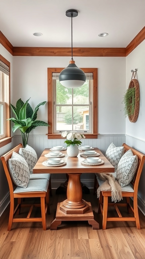 A cozy breakfast nook featuring a wooden table, cushioned chairs, and a large window with natural light.