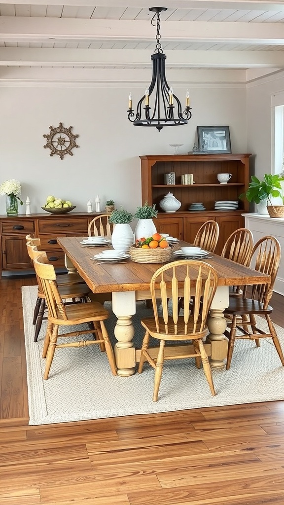 A cozy dining area featuring a wooden farm table surrounded by mismatched chairs, with a chandelier above and a wooden hutch displaying decorative items.