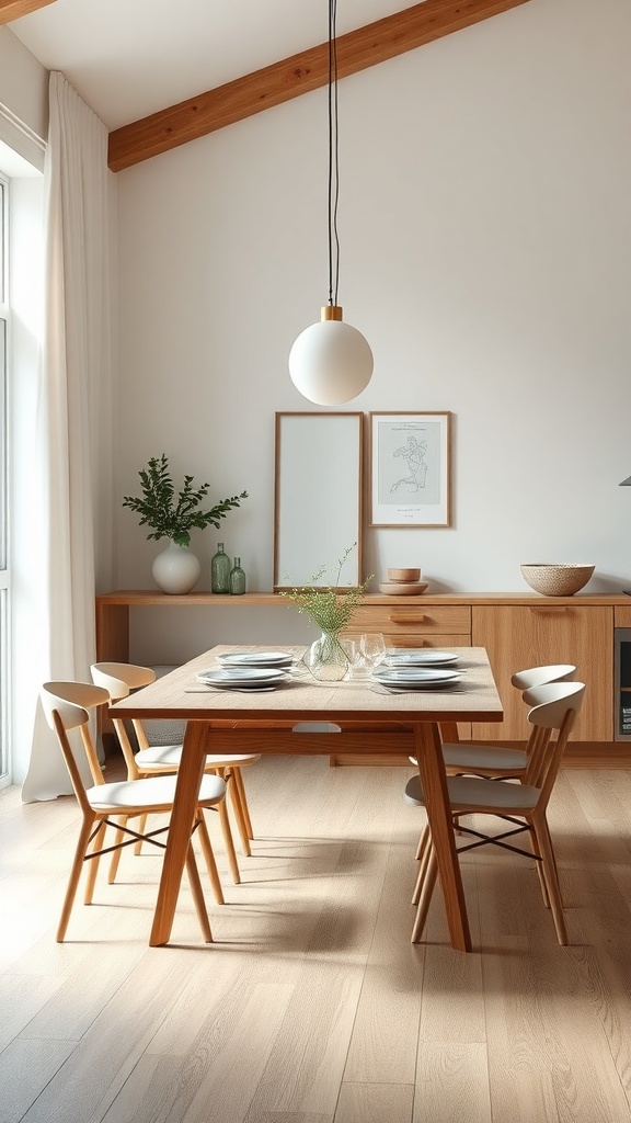 A Scandinavian dining area featuring a wooden table, chairs, and natural decor.