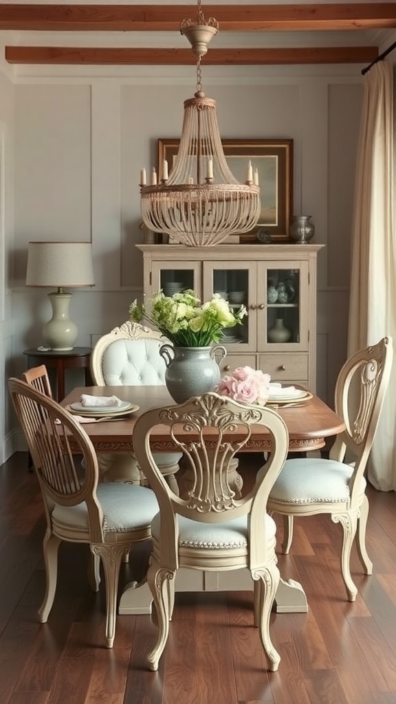 A cozy dining space featuring vintage-style chairs, a wooden table, and a beautiful chandelier.