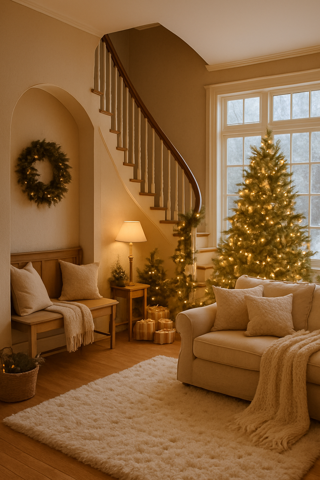 Cozy winter entryway with a sofa, wreath, Christmas trees, and soft lighting.