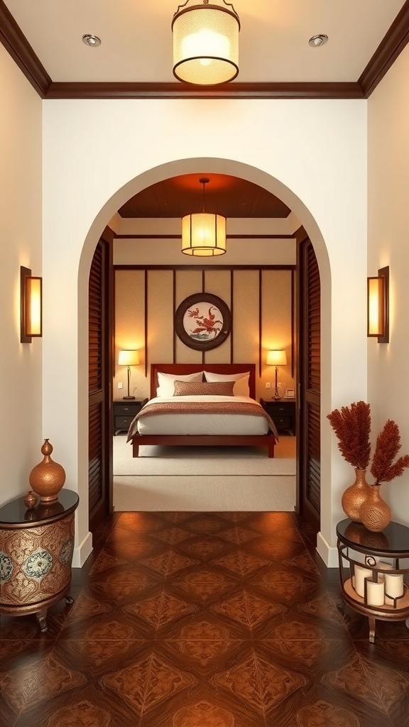 A beautifully designed entryway leading to a Japandi bedroom, featuring warm lighting, wooden flooring, and elegant decor.