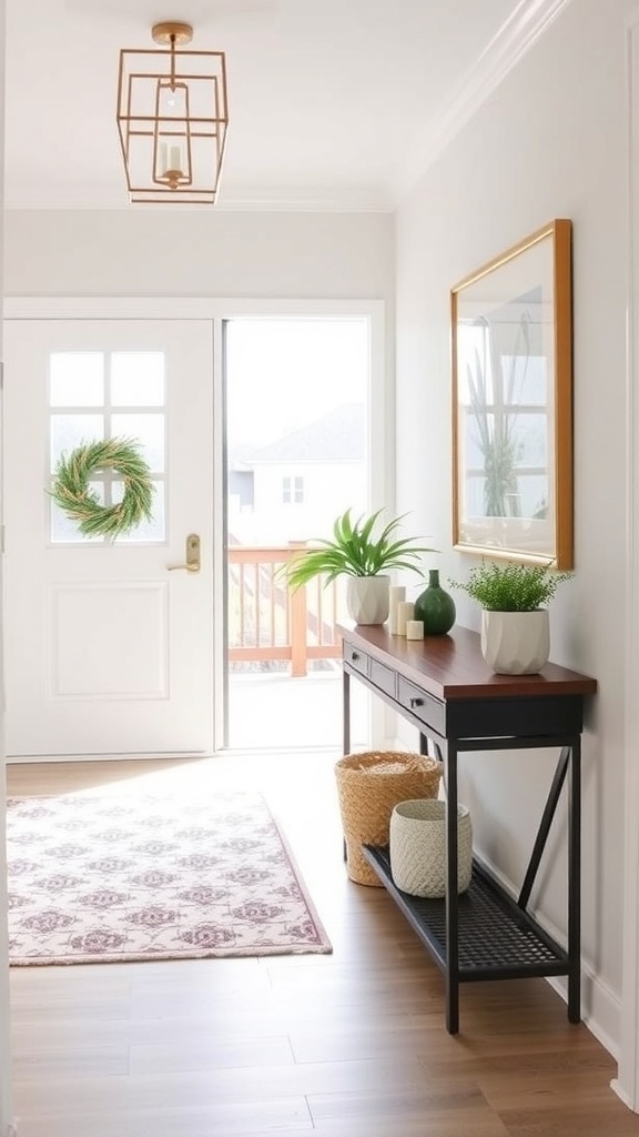A bright and inviting entryway featuring a light fixture, console table with plants, and a decorative rug.