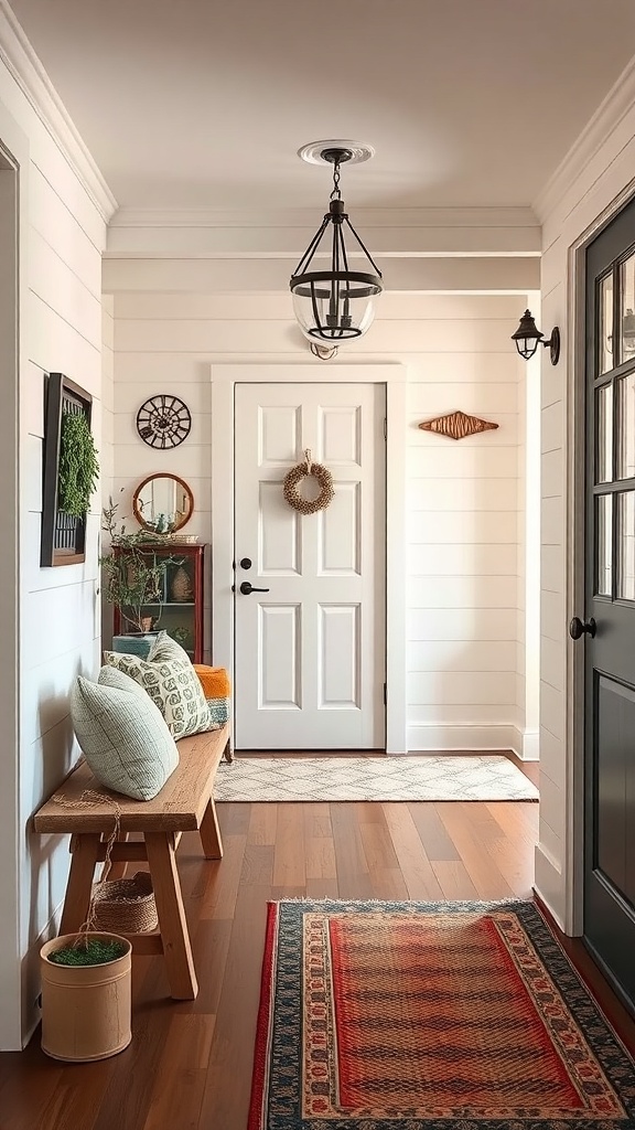 A modern farmhouse entryway featuring a bench with pillows, a patterned rug, and vintage decor.