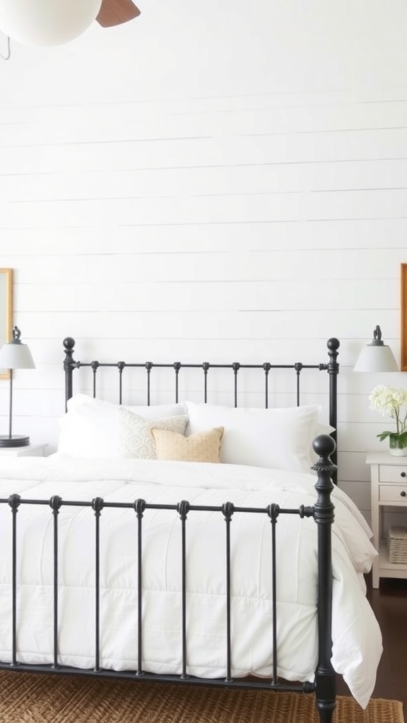 A cozy farmhouse bedroom featuring a black metal bed frame, white bedding, and a shiplap wall.