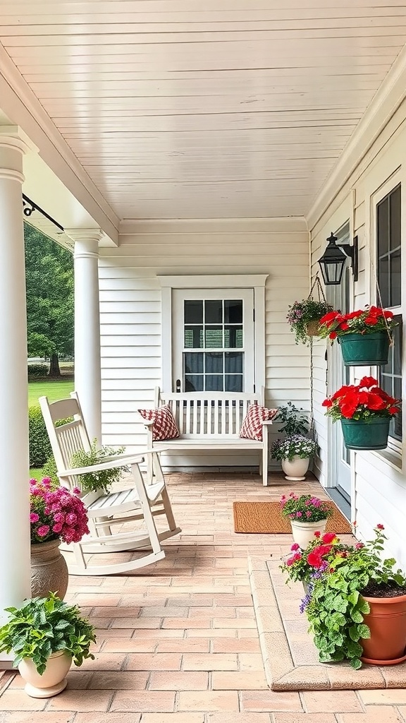 A charming farmhouse porch featuring a rocking chair, a bench with cushions, and colorful flower pots.