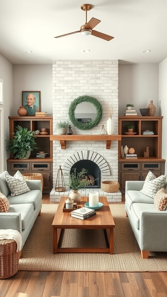Cozy living room with a white brick fireplace, wooden shelves, and comfortable seating.