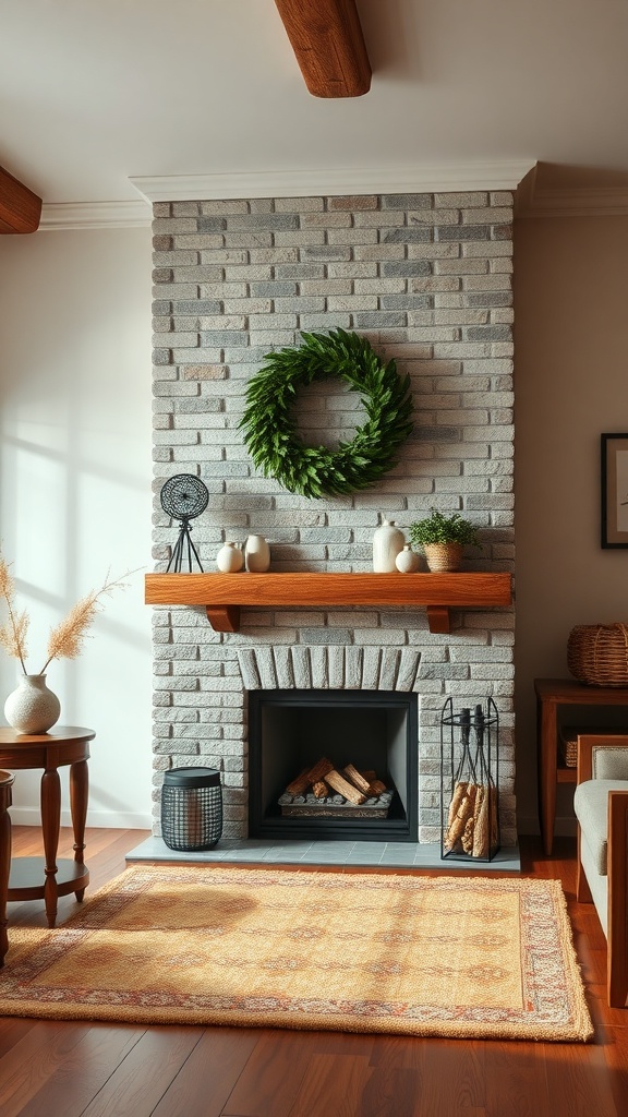 A modern farmhouse fireplace with gray brick, wooden mantel, and a green wreath above it, surrounded by cozy decor.