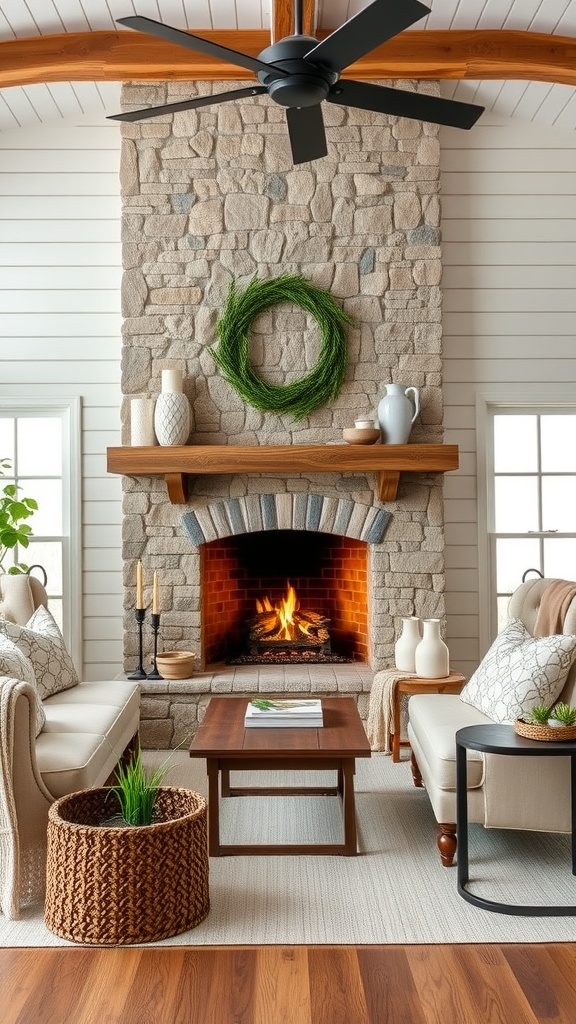Cozy farmhouse living room with a stone fireplace and comfortable seating