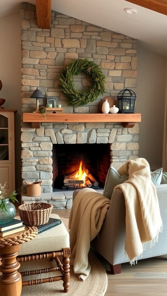 Cozy living room with a stone fireplace, comfortable seating, and natural light.