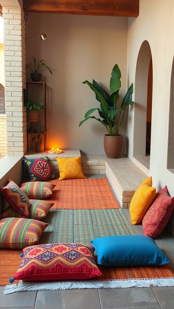 A cozy sunken lounge with colorful floor cushions, a textured rug, and soft lighting.