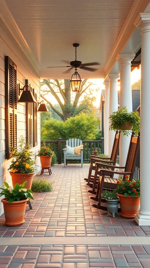 A charming front porch with rocking chairs and potted plants, illuminated by lanterns during sunset.