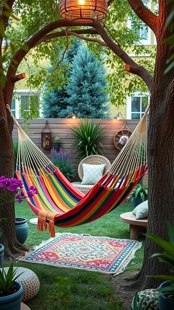 A colorful hammock hanging between trees in a cozy outdoor setting.